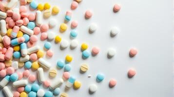 Diverse Array of Pills and Capsules Scattered in a Random Pattern, Pills Vary in Shape and Size on a Solid color Background photo