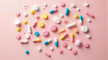 Diverse Array of Pills and Capsules Scattered in a Random Pattern, Pills Vary in Shape and Size on a Solid color Background photo
