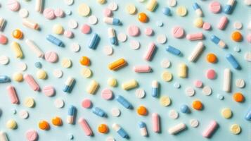 Diverse Array of Pills and Capsules Scattered in a Random Pattern, Pills Vary in Shape and Size on a Solid color Background photo