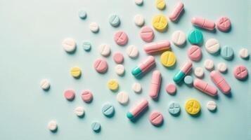 Diverse Array of Pills and Capsules Scattered in a Random Pattern, Pills Vary in Shape and Size on a Solid color Background photo