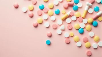 Diverse Array of Pills and Capsules Scattered in a Random Pattern, Pills Vary in Shape and Size on a Solid color Background photo
