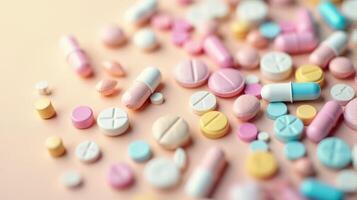 Diverse Array of Pills and Capsules Scattered in a Random Pattern, Pills Vary in Shape and Size on a Solid color Background photo