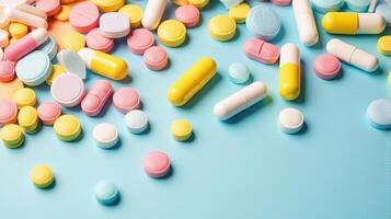 Diverse Array of Pills and Capsules Scattered in a Random Pattern, Pills Vary in Shape and Size on a Solid color Background photo