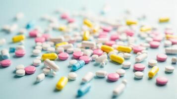 Diverse Array of Pills and Capsules Scattered in a Random Pattern, Pills Vary in Shape and Size on a Solid color Background photo