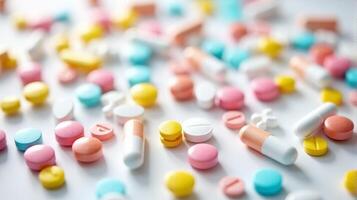 Diverse Array of Pills and Capsules Scattered in a Random Pattern, Pills Vary in Shape and Size on a Solid color Background photo