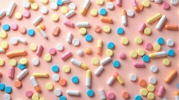 Diverse Array of Pills and Capsules Scattered in a Random Pattern, Pills Vary in Shape and Size on a Solid color Background photo