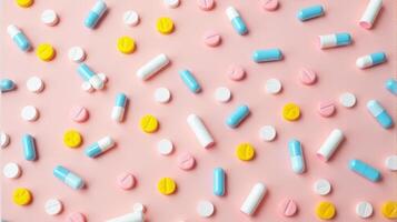 Diverse Array of Pills and Capsules Scattered in a Random Pattern, Pills Vary in Shape and Size on a Solid color Background photo