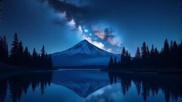 Serene Night Landscape Featuring the Milky Way Galaxy Stretching Across the Sky Snow-covered Mountain in the Background photo