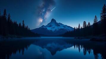Serene Night Landscape Featuring the Milky Way Galaxy Stretching Across the Sky Snow-covered Mountain in the Background photo