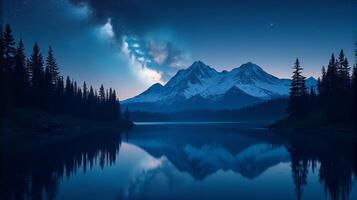 Serene Night Landscape Featuring the Milky Way Galaxy Stretching Across the Sky Snow-covered Mountain in the Background photo