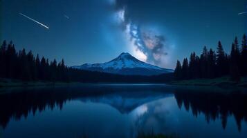 Serene Night Landscape Featuring the Milky Way Galaxy Stretching Across the Sky Snow-covered Mountain in the Background photo