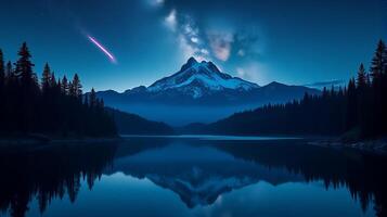 Serene Night Landscape Featuring the Milky Way Galaxy Stretching Across the Sky Snow-covered Mountain in the Background photo