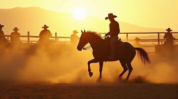 A Cowboy Riding a Bucking Horse at a Dusty Rodeo Arena During Sunset photo
