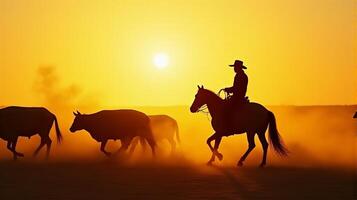 Silhouette of a Cowboy on Horseback Managing a Herd of Cattle On a Dusty Plains During Sunset photo
