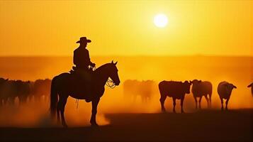 Silhouette of a Cowboy on Horseback Managing a Herd of Cattle On a Dusty Plains During Sunset photo