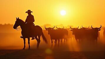 Silhouette of a Cowboy on Horseback Managing a Herd of Cattle On a Dusty Plains During Sunset photo