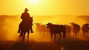 Silhouette of a Cowboy on Horseback Managing a Herd of Cattle On a Dusty Plains During Sunset photo