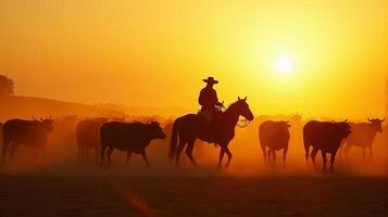 Silhouette of a Cowboy on Horseback Managing a Herd of Cattle On a Dusty Plains During Sunset photo