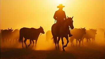 Silhouette of a Cowboy on Horseback Managing a Herd of Cattle On a Dusty Plains During Sunset photo