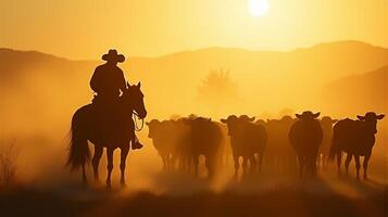 Silhouette of a Cowboy on Horseback Managing a Herd of Cattle On a Dusty Plains During Sunset photo