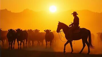 Silhouette of a Cowboy on Horseback Managing a Herd of Cattle On a Dusty Plains During Sunset photo