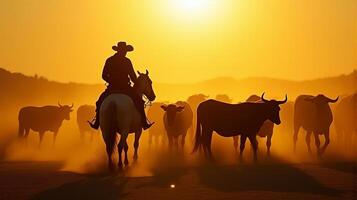 Silhouette of a Cowboy on Horseback Managing a Herd of Cattle On a Dusty Plains During Sunset photo