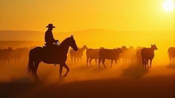 Silhouette of a Cowboy on Horseback Managing a Herd of Cattle On a Dusty Plains During Sunset photo