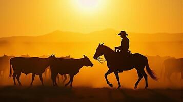 Silhouette of a Cowboy on Horseback Managing a Herd of Cattle On a Dusty Plains During Sunset photo