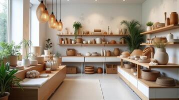 Modern and Stylish Boutique Store With Wooden Furniture Interior That Showcases a Variety of Products Include Handcrafted Pottery and Variety of Home Decor photo