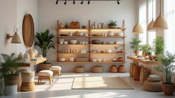 Modern and Stylish Boutique Store With Wooden Furniture Interior That Showcases a Variety of Products Include Handcrafted Pottery and Variety of Home Decor photo