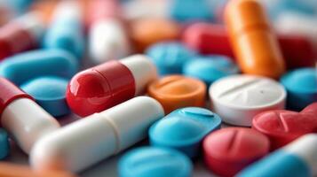 Close Up of a Diverse Array of Pharmaceutical Pills and Capsules, Showcasing a Variety of Colors photo