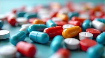 Close Up of a Diverse Array of Pharmaceutical Pills and Capsules, Showcasing a Variety of Colors photo