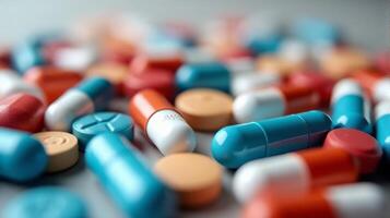 Close Up of a Diverse Array of Pharmaceutical Pills and Capsules, Showcasing a Variety of Colors photo