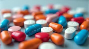Close Up of a Diverse Array of Pharmaceutical Pills and Capsules, Showcasing a Variety of Colors photo