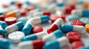 Close Up of a Diverse Array of Pharmaceutical Pills and Capsules, Showcasing a Variety of Colors photo