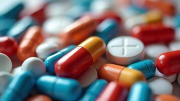 Close Up of a Diverse Array of Pharmaceutical Pills and Capsules, Showcasing a Variety of Colors photo