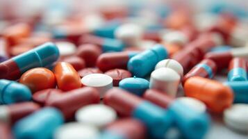 Close Up of a Diverse Array of Pharmaceutical Pills and Capsules, Showcasing a Variety of Colors photo
