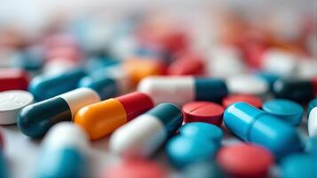 Close Up of a Diverse Array of Pharmaceutical Pills and Capsules, Showcasing a Variety of Colors photo