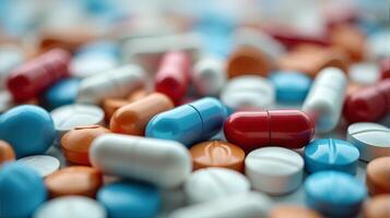 Close Up of a Diverse Array of Pharmaceutical Pills and Capsules, Showcasing a Variety of Colors photo