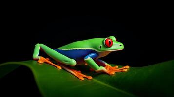 Vibrant Red-eyed Tree Frog with Striking Orange Feet and Bright Blue Streaks Along its Sides Perched on a Glossy Green Leaf Against a Dark Background photo