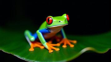 Vibrant Red-eyed Tree Frog with Striking Orange Feet and Bright Blue Streaks Along its Sides Perched on a Glossy Green Leaf Against a Dark Background photo