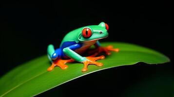 Vibrant Red-eyed Tree Frog with Striking Orange Feet and Bright Blue Streaks Along its Sides Perched on a Glossy Green Leaf Against a Dark Background photo