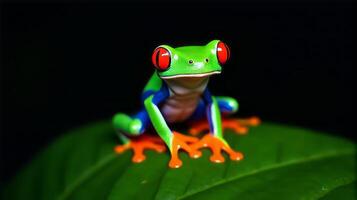 Vibrant Red-eyed Tree Frog with Striking Orange Feet and Bright Blue Streaks Along its Sides Perched on a Glossy Green Leaf Against a Dark Background photo