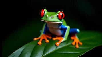 Vibrant Red-eyed Tree Frog with Striking Orange Feet and Bright Blue Streaks Along its Sides Perched on a Glossy Green Leaf Against a Dark Background photo