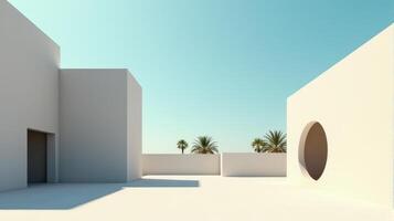 Minimalist Architectural Scene Under a Clear Blue Sky, Featuring Geometric Buildings With Shades of Beige and Palm Tree Creating Serene and Timeless Atmosphere photo