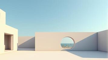 Minimalist Architectural Scene Under a Clear Blue Sky, Featuring Geometric Buildings With Shades of Beige and Palm Tree Creating Serene and Timeless Atmosphere photo
