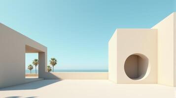Minimalist Architectural Scene Under a Clear Blue Sky, Featuring Geometric Buildings With Shades of Beige and Palm Tree Creating Serene and Timeless Atmosphere photo