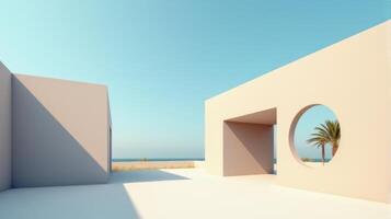 Minimalist Architectural Scene Under a Clear Blue Sky, Featuring Geometric Buildings With Shades of Beige and Palm Tree Creating Serene and Timeless Atmosphere photo