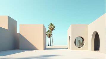 Minimalist Architectural Scene Under a Clear Blue Sky, Featuring Geometric Buildings With Shades of Beige and Palm Tree Creating Serene and Timeless Atmosphere photo
