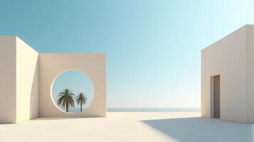 Minimalist Architectural Scene Under a Clear Blue Sky, Featuring Geometric Buildings With Shades of Beige and Palm Tree Creating Serene and Timeless Atmosphere photo